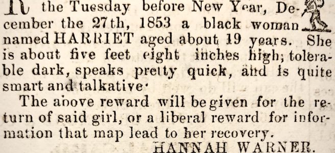 Image of advertisement from the Portsmouth Daily Evening Tribune, 1854. The ad describes a runaway enslaved person and offers a reward for their return.