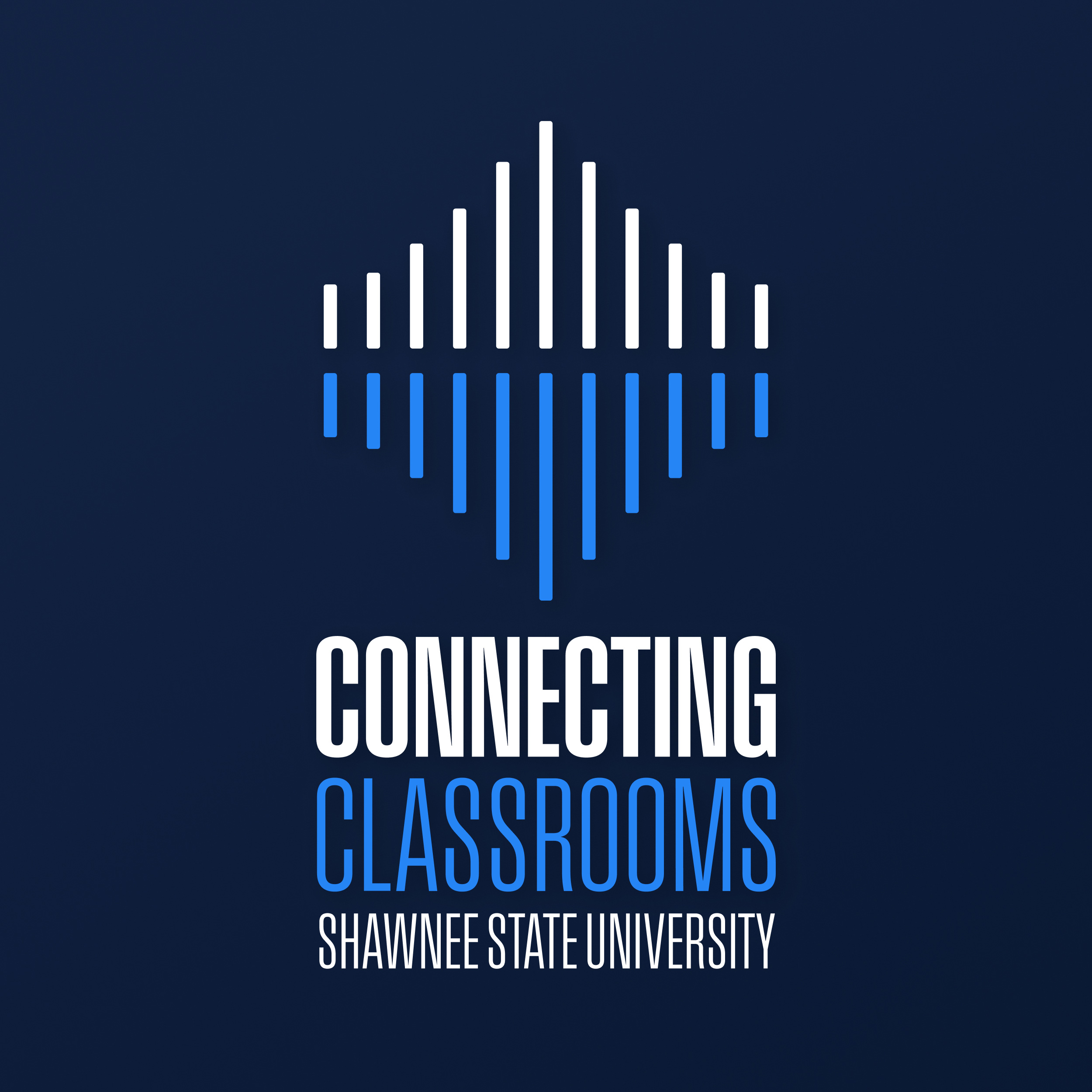 Logo with line image reminiscent of both a cable stay bridge and the sound bars on a mixing board. Text reads: Connecting Classrooms Shawnee State University