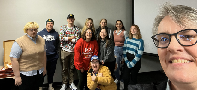 Fall 2023 SSU Chronicle Staff and advisor Dr. Christy Zempter